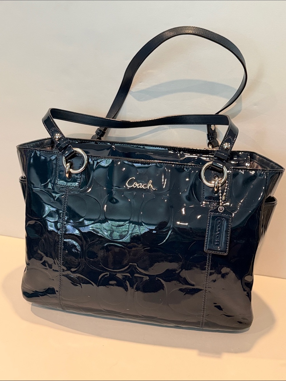 Coach Gallery East West Signature Embossed Patent Leather Tote navy blue F17729